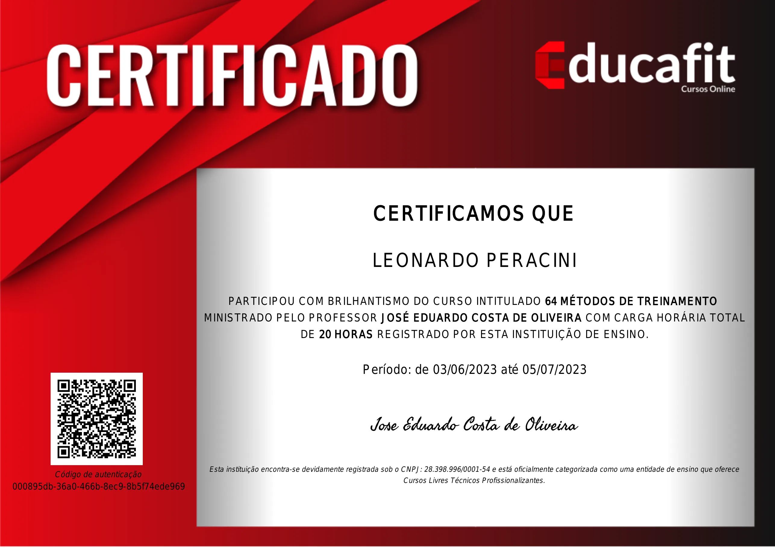 Modelo oficial do certificado Educafit — emitido com código de autenticidade e QR code de verificação.